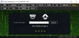 Renault/Dacia calculator showing precode entry to compute factory radio code.