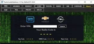 GM database lookup by VIN returning radio, key, immobilizer and alarm codes.