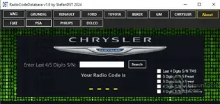Chrysler mode with selectable presets for 4/5-digit S/N families including Alpine and Becker.