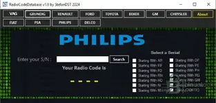 Philips calculator featuring prefix checkboxes and a 14-million-code database.