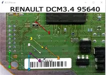 DCM3.4 ECU circuit board pinout image highlighting the 95640 EEPROM access points for reading/writing. DCM3.4 ECU circuit board pinout image highlighting the 95640 EEPROM access points for reading/writing.