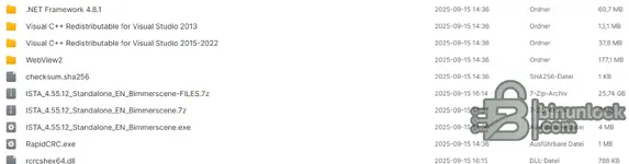 BMW ISTA+ 4.55.12 Standalone package contents in Windows folder view showing prerequisites, checksums and setup files.