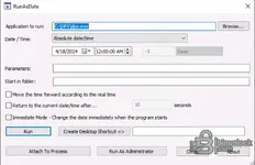 RunAsDate utility dialog configured to start dps.exe with a specified date and time for lab testing.