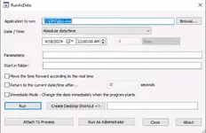RunAsDate utility dialog configured to start dps.exe with a specified date and time for lab testing. RunAsDate utility dialog configured to start dps.exe with a specified date and time for lab testing.