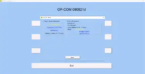 OP-COM About window showing version 090821d and developer details from Autó-M3 Ltd