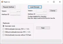 Flash utility 1.2 showing firmware load, interface ID fields and recovery modes