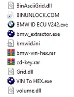 Folder view with VIN To HEX, BMW ID ECU, extractor and related DLL files for the toolkit Folder view with VIN To HEX, BMW ID ECU, extractor and related DLL files for the toolkit