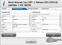 Autocom 2021.11 About panel displaying system information and .NET framework versions
