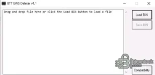 BTT EWS Deleter v1.1 main window with drag and drop area plus Load BIN and Save BIN buttons