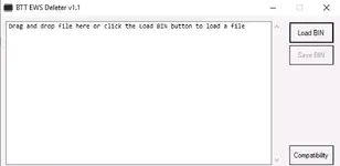 BTT EWS Deleter v1.1 main window with drag and drop area plus Load BIN and Save BIN buttons BTT EWS Deleter v1.1 main window with drag and drop area plus Load BIN and Save BIN buttons