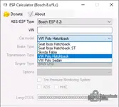 ESP Calculator showing VW Polo Seat Ibiza Skoda Fabia presets with options and long code output