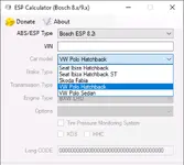 ESP Calculator showing VW Polo Seat Ibiza Skoda Fabia presets with options and long code output