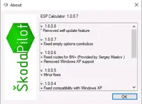 ESP Calculator version 1.0.0.7 About screen with recent changes for the SkodaPilot tool