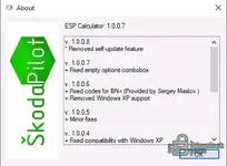 ESP Calculator version 1.0.0.7 About screen with recent changes for the SkodaPilot tool