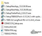 NEO Green v13 installer list with TEBS G2 pack trailer pack and help components
