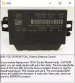 VAG PDC EEPROM tool information page describing 16347 Control Module Faulty EEPROM fix and supported dump sizes VAG PDC EEPROM tool information page describing 16347 Control Module Faulty EEPROM fix and supported dump sizes