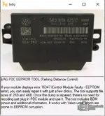 VAG PDC EEPROM tool information page describing 16347 Control Module Faulty EEPROM fix and supported dump sizes