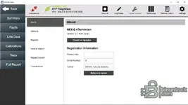 eTechnician v2.1 about screen showing version number and tool ID fields