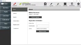 eTechnician v2.1 about screen showing version number and tool ID fields eTechnician v2.1 about screen showing version number and tool ID fields