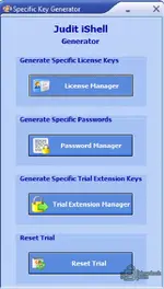 JUDIT-4 license utility with sections for license keys passwords and trial management