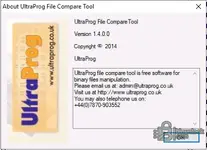 UltraProg File Compare v1.4.0.0 about window with version and contact info