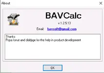 BAVCalc v1.2.5.13 About dialog showing contact email and credits for development BAVCalc v1.2.5.13 About dialog showing contact email and credits for development