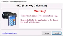 SKC v1.0.1.2 disclaimer window showing personal use warning before Mercedes EZS key calculation SKC v1.0.1.2 disclaimer window showing personal use warning before Mercedes EZS key calculation