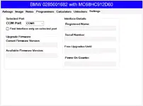 Settings page showing COM port selection interface details and firmware version fields Settings page showing COM port selection interface details and firmware version fields