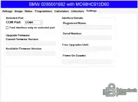 Settings page showing COM port selection interface details and firmware version fields