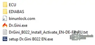 B022 build 105 archive contents showing ECU and EDIABAS folders plus setup files