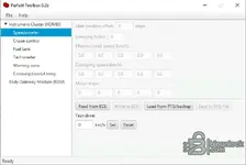 Speedometer calibration view in Perfekt Toolbox 0.2b showing damping and motor step fields.
