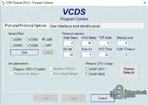 Port and Protocol Options showing USB selection timing parameters and interface test button.