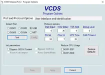 Port and Protocol Options showing USB selection timing parameters and interface test button. Port and Protocol Options showing USB selection timing parameters and interface test button.
