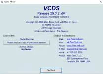 About dialog confirming Release 25.3.2 x64 and data version information from Ross-Tech. About dialog confirming Release 25.3.2 x64 and data version information from Ross-Tech.