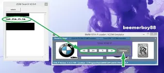 BMW ISTA-P Loader ZGW Search 2.0 tool reading ICOM ENET IP address 169.254.xx.xx and entering it into loader ZGW IP fields for ISTA-P ENET connection.