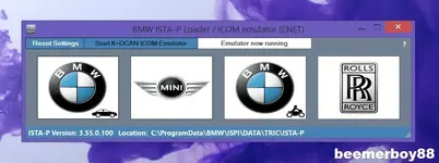 BMW ISTA-P Loader ENET ICOM emulator screen with BMW MINI motorcycle and Rolls Royce icons for ISTA-P 3.55.0.100 ECU programming and diagnostics.