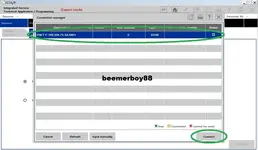 BMW ISTA-P connection manager showing ENET ICOM emulator entry with IP 169.254.75.54 and status connected for ISTA-P programming session.