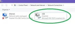 Windows network connections window highlighting USB Microsoft KM-TEST Loopback Adapter used by BMW ISTA-P Loader ICOM emulator and ENET configuration.