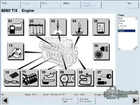 BMW TIS engine overview graphic for selecting procedures like timing chain lubrication and intake system.