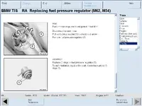 BMW TIS repair document showing fuel pressure regulator replacement steps with reference images and notes. BMW TIS repair document showing fuel pressure regulator replacement steps with reference images and notes.