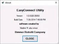 BMW EasyConnect Utility about window displaying version 1.0.5320.35550 build date and developer information. BMW EasyConnect Utility about window displaying version 1.0.5320.35550 build date and developer information.