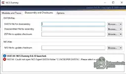 NCS Dummy 0.6.10 disassembly and checksums screen for DATEN and NFS files with file selection fields.