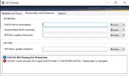 NCS Dummy 0.6.10 disassembly and checksums screen for DATEN and NFS files with file selection fields.