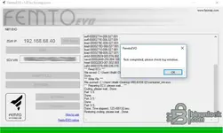 FemtoEVO v1.03 task completed message with NBT EVO ECU programming log and ZGW IP details.