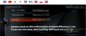 FemtoEVO CarPlay compatibility check screen showing current version TB-006 and MB-006 information on the iDrive display.