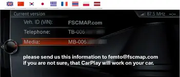 FemtoEVO CarPlay compatibility check screen showing current version TB-006 and MB-006 information on the iDrive display. FemtoEVO CarPlay compatibility check screen showing current version TB-006 and MB-006 information on the iDrive display.
