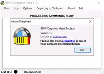 About screen of BMW Diagnostic Head Emulator 1.2 by SoftCom Ltd with logo and version information. About screen of BMW Diagnostic Head Emulator 1.2 by SoftCom Ltd with logo and version information.