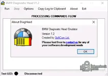 About screen of BMW Diagnostic Head Emulator 1.2 by SoftCom Ltd with logo and version information.