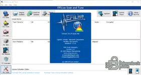 EFI Live Scan and Tune v8.4.70 About dialog with logo, build number, OpenGL details and copyright information.