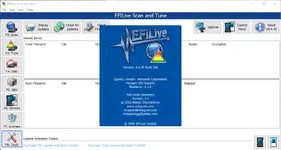 EFI Live Scan and Tune v8.4.70 About dialog with logo, build number, OpenGL details and copyright information. EFI Live Scan and Tune v8.4.70 About dialog with logo, build number, OpenGL details and copyright information.